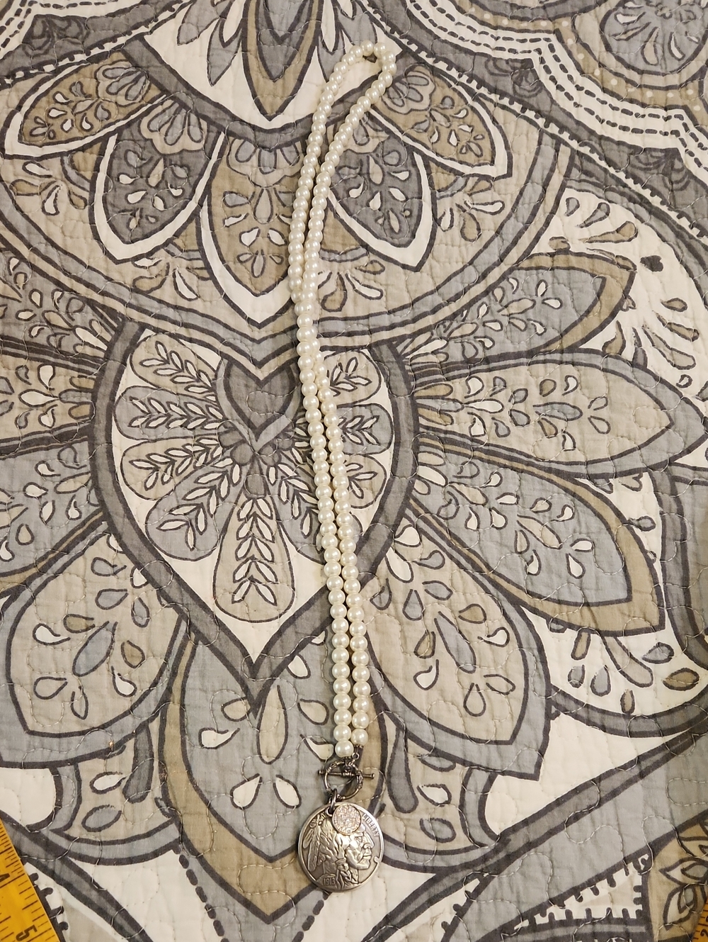Boutique White Pearl Necklace with Buffalo Nickel Pendant
